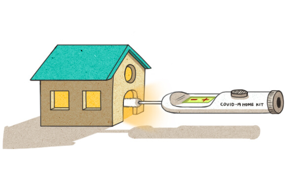 Illustration of a COVID-19 home test being inserted into a miniature house