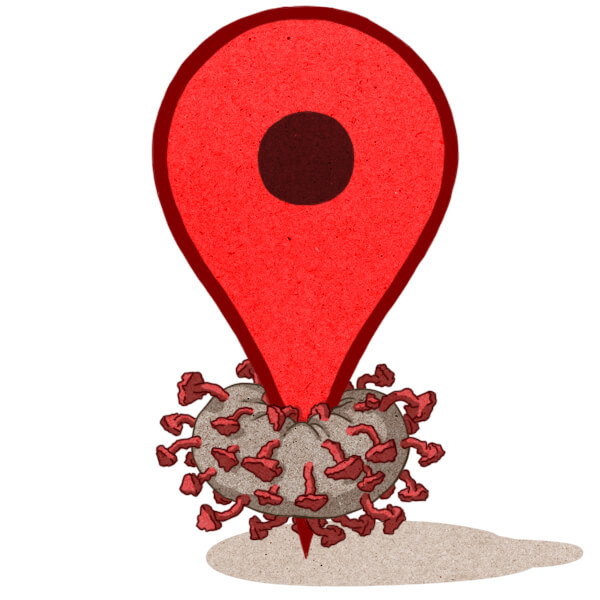 Illustration of a GPS location pin pinning down a coronavirus