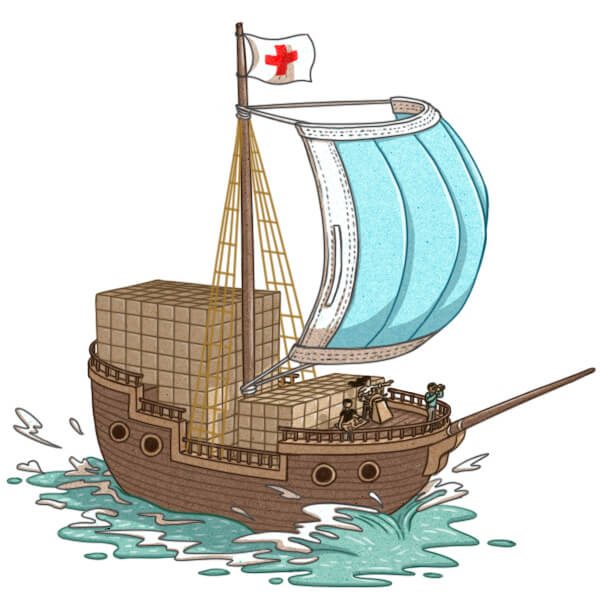 An illustration of a boat full of boxes of PPE sailing.