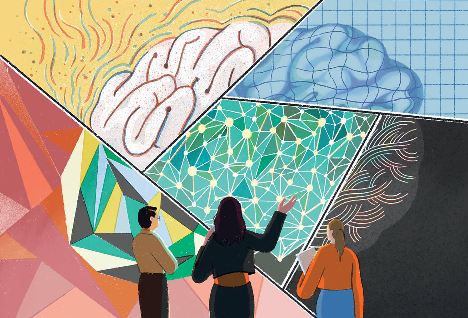 An illustration of Professor Maryam Shanechi and colleagues with their back facing the reader as they look at an abstract, artistic representation of the brain and emotions. 
