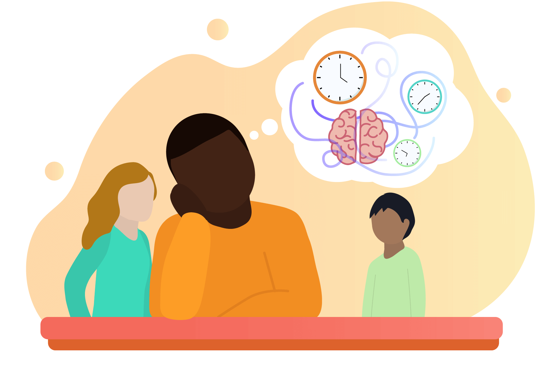  A worker with other individuals in the background and a thought bubble showing a brain and a bunch of clocks, indicating other people’s schedules.
