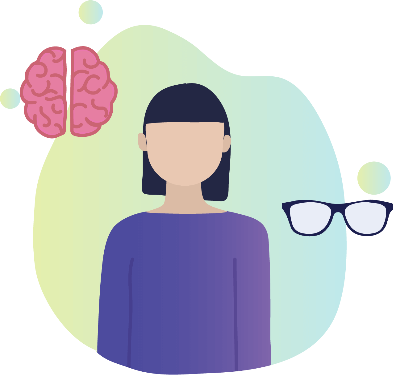 A woman with a brain on her left side and glasses on her right side. 