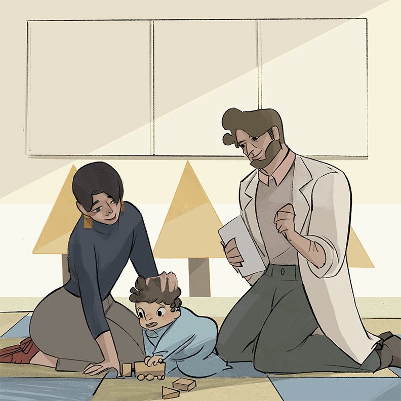 Blaise's baby plays with a toy train while Blaise looks on and a medical professional takes notes