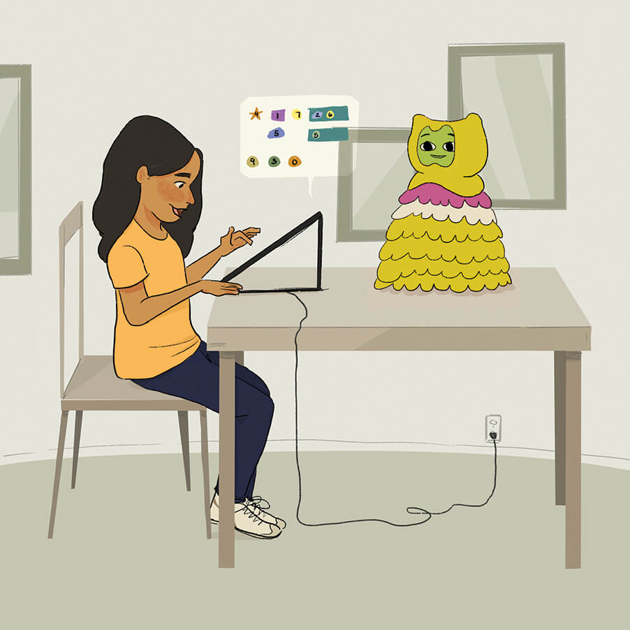An eight year-old Blaise looks at a tablet on a desk, with a small bird-like robot beside her.