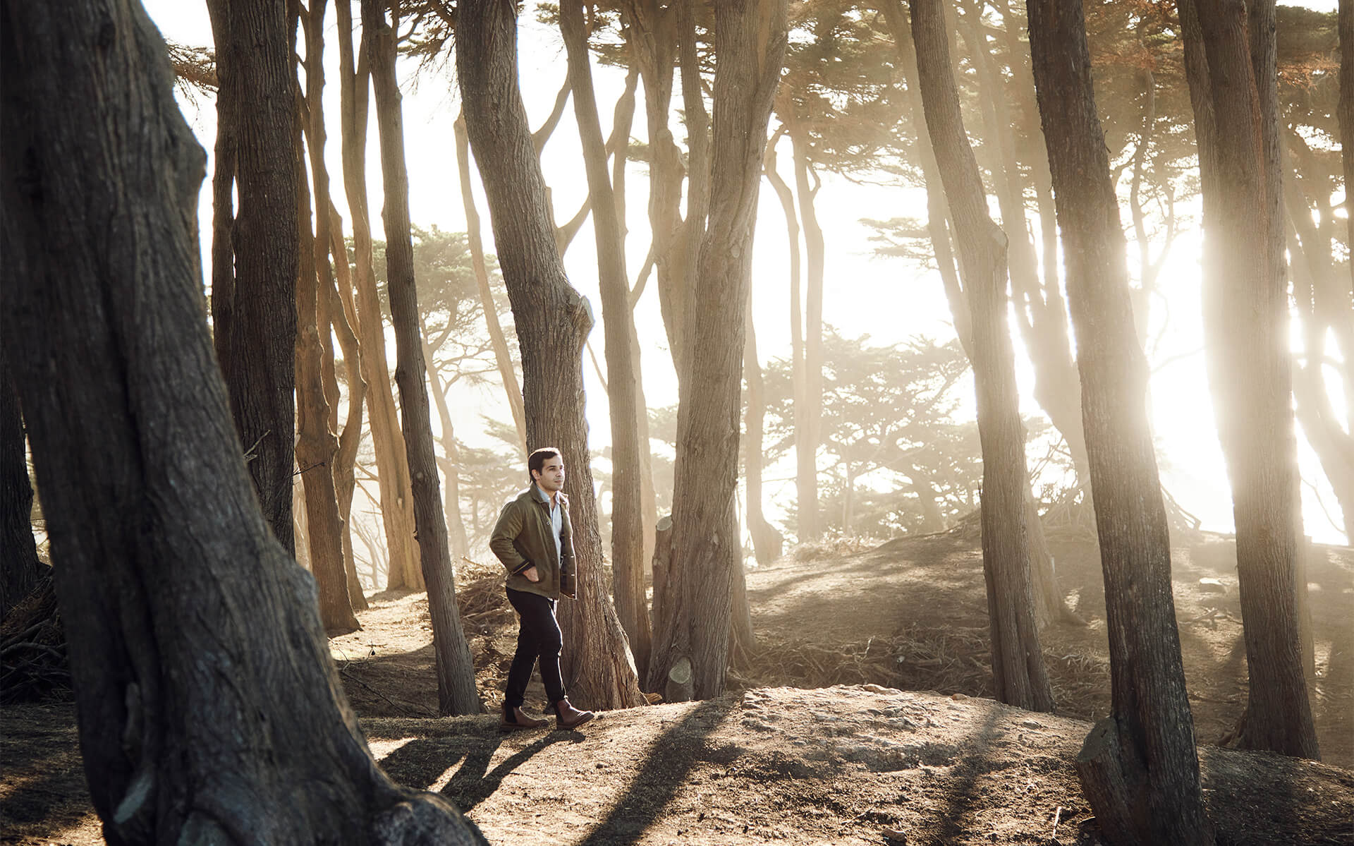 Ross Boucher walks through the forest on a hazy day.