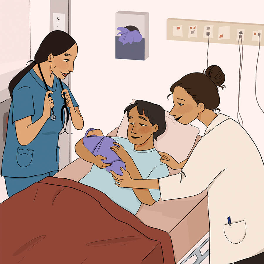 Blaise in her hospital bed looks lovingly at a swaddled baby, with a nurse and doctor at her side