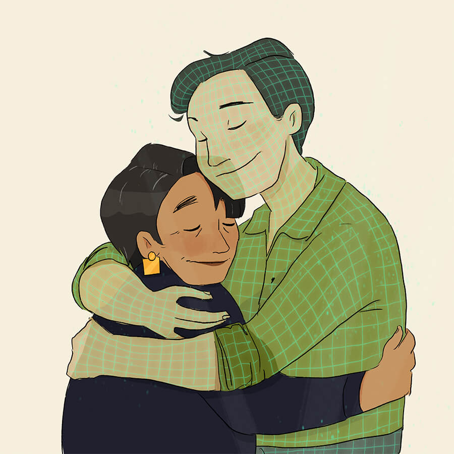 Blaise hugs a  digital avatar of her son using haptic technology.
