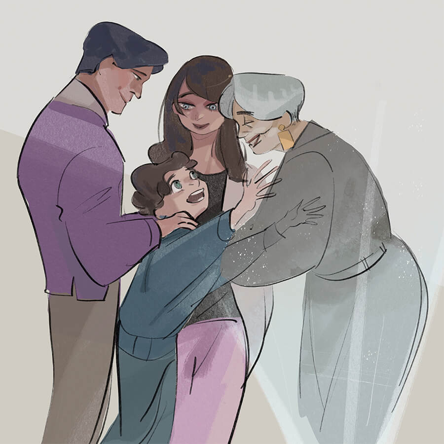 With his parents at his side, a Blaise's grandson reaches out towards an avatar of his grandmother.