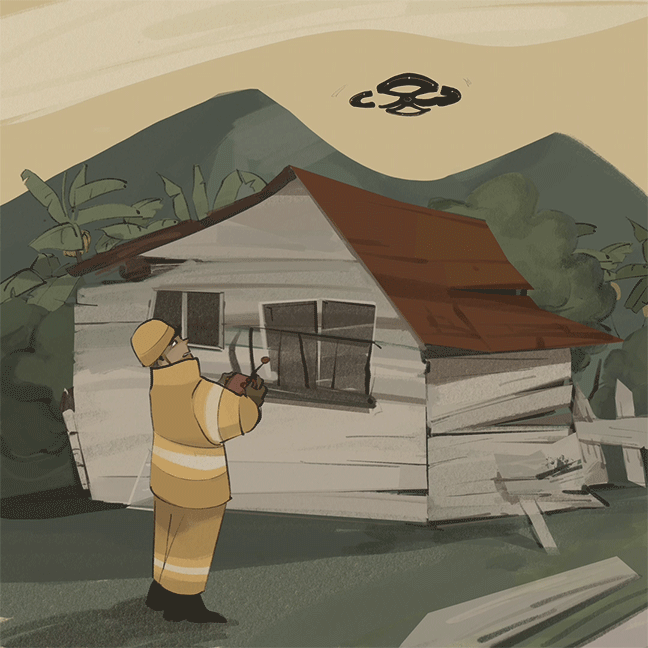 A fireman flies a drone over Blaise's damaged house.