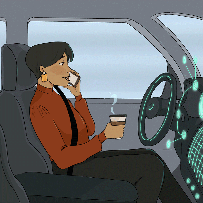 Blaise sits in a self-driving car with a cup of coffee, looking at her phone, with her hands off the wheel