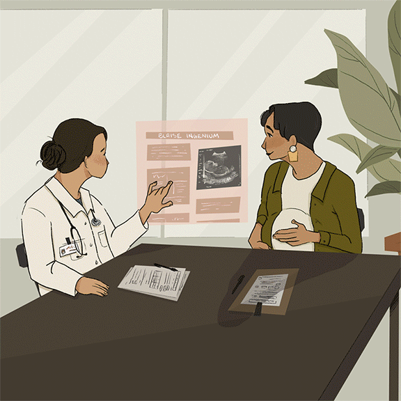 A pregnant Blaise sits with a doctor, who scrolls through an augmented reality screen on the wall