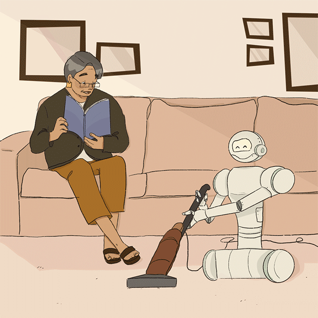 An older Blaise sits on the sofa reading while a robot cleans around her.