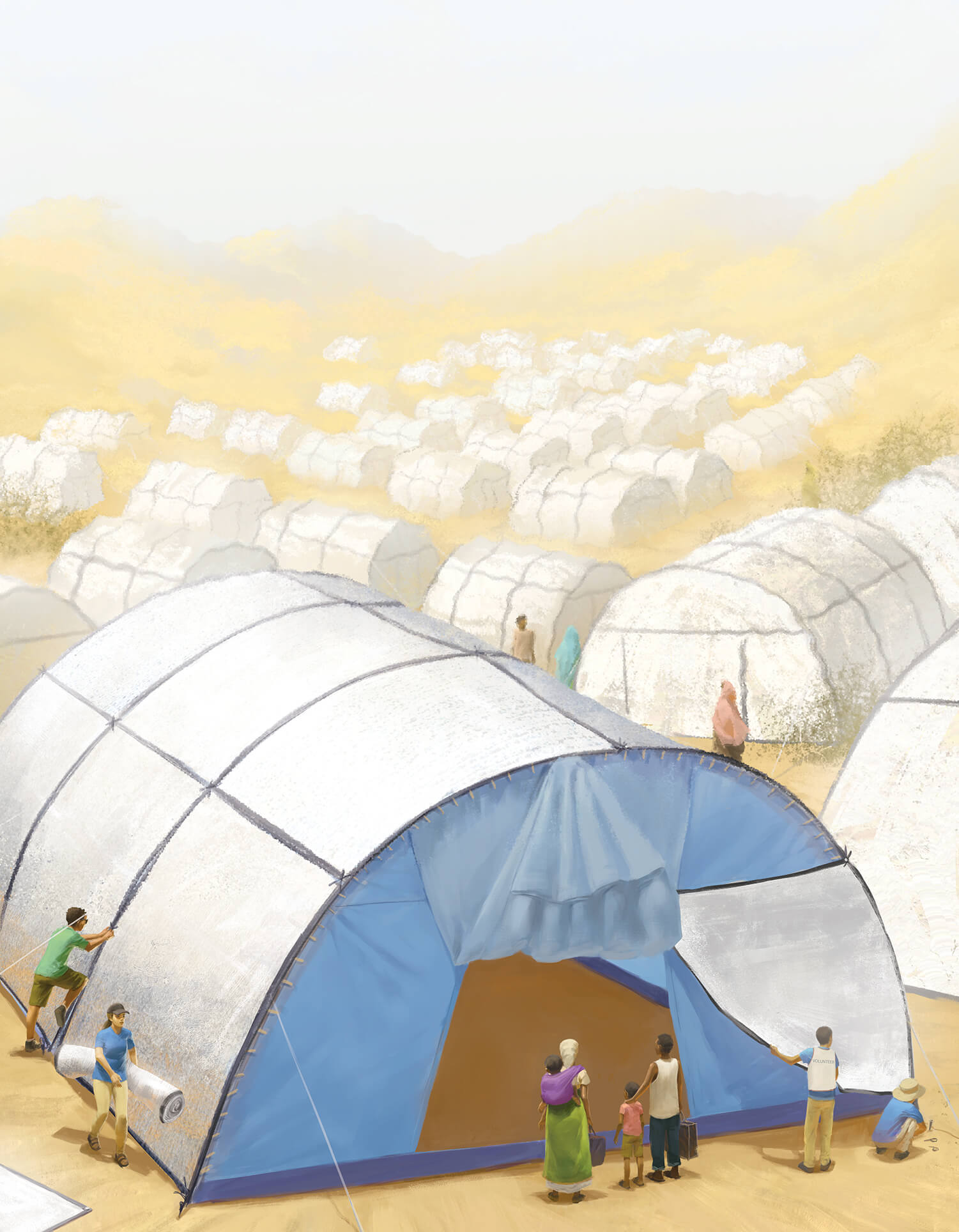 A family of refugees stands in a refugee camp on a hot day waiting to enter a recently-constructed tent. The tent is covered in a reflective material that mitigates some of the heat. 