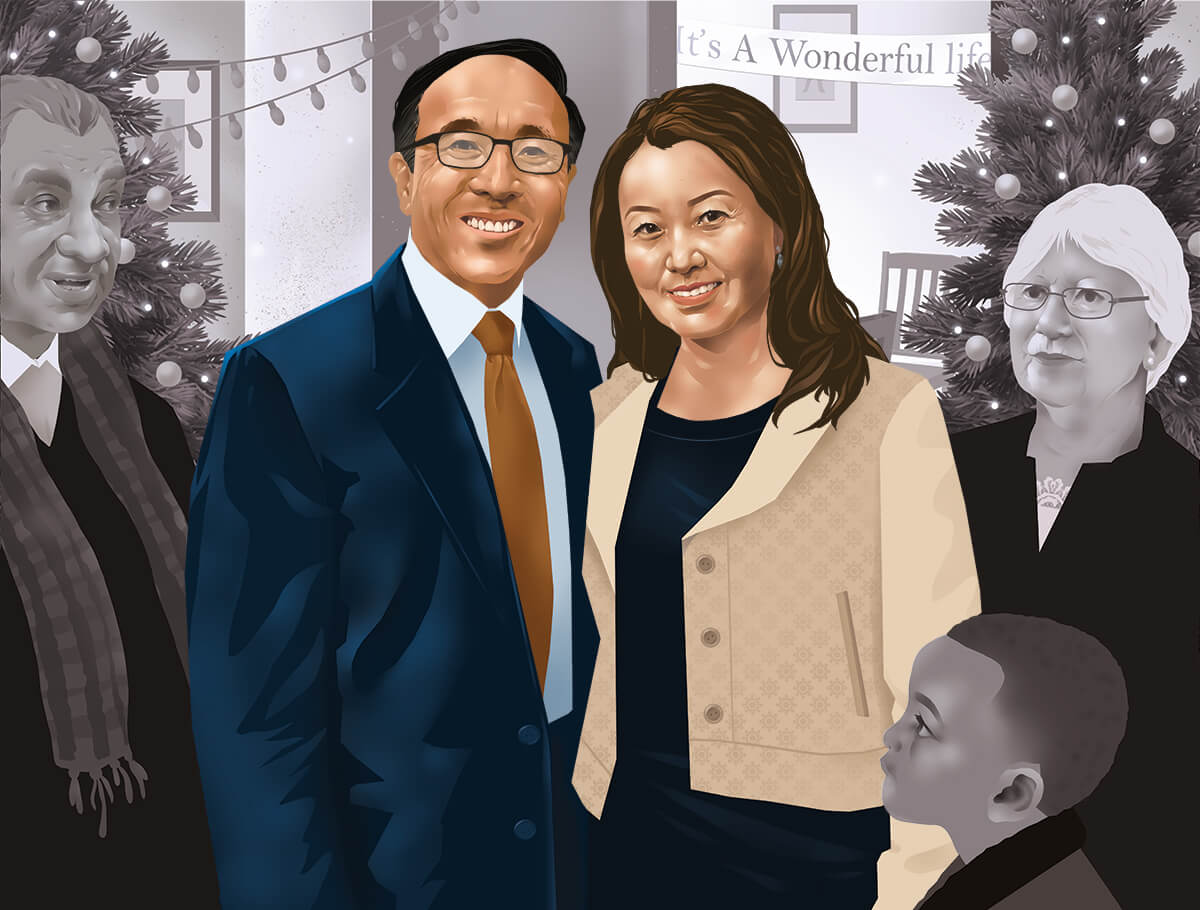 An illustration of Bryan and Julie Min in a scene from "It's a Wonderful Life". They are surrounded by people from the community and Christmas trees.