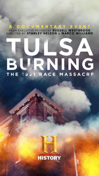 A poster for "Tulsa Burning" which shows a building with smoke coming out of it.