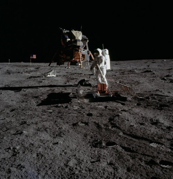 Equipment and astronaut on the moon